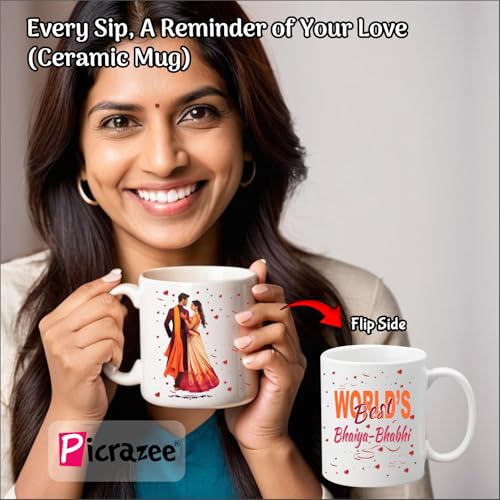 Image of PICRAZEE Raksha Bandhan Gift Combo for Bhaiya Bhabhi with Rakhi, Cushion, Mug, F-Magnet, G-Card and Trophy