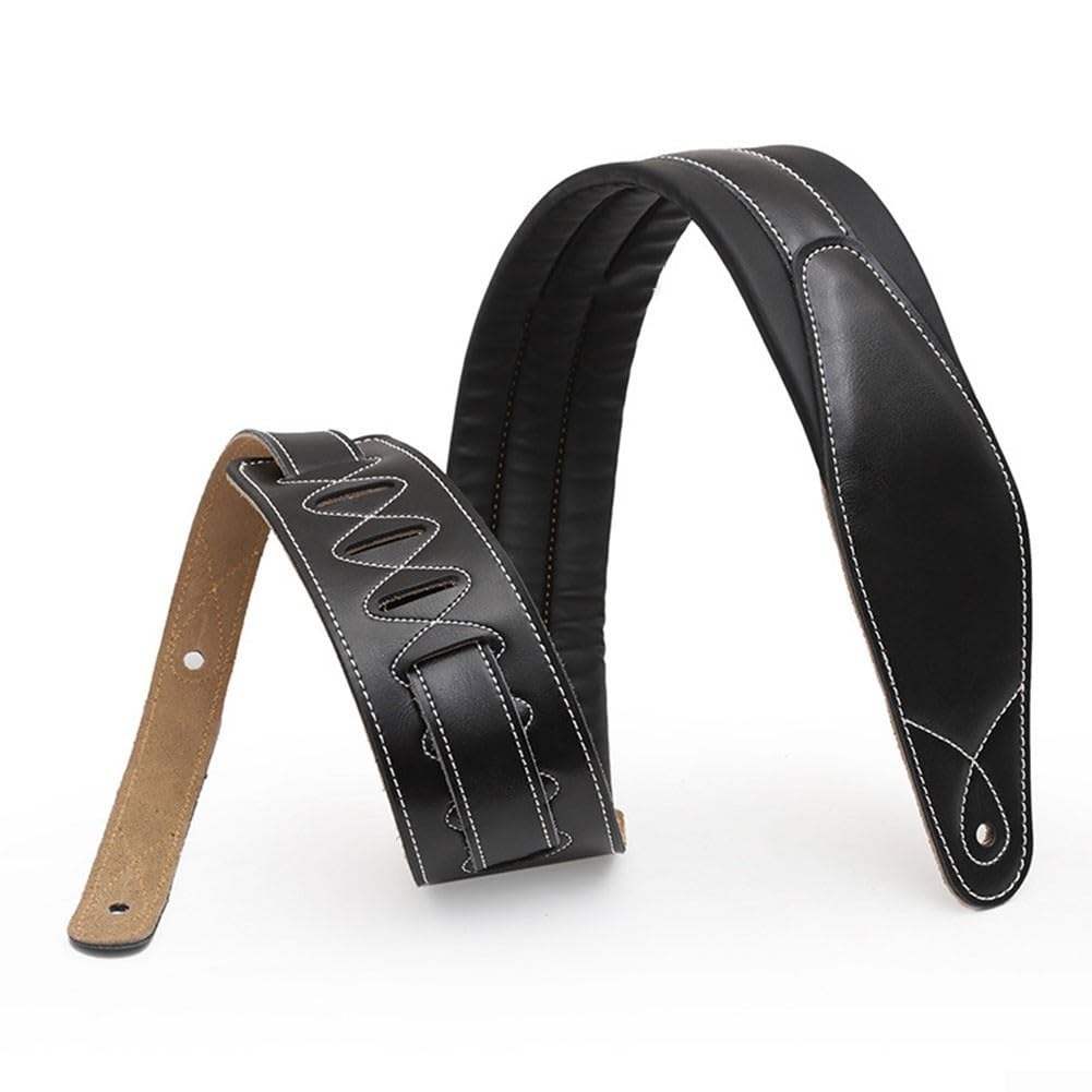 Cómoda correa de cuero para guitarra acústica y bajo eléctrico, longitud ajustable, diseño clásico (negro)