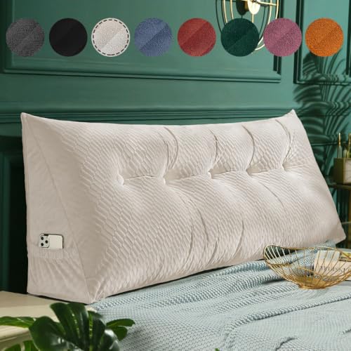 Velvet Triangular Headboard Wedge Pillow,Removable Cover Headboard Pillow Daybed Bunk Bed,Backrest Positioning Support Pillow Resting Reading Relaxing (Beige, Queen(59 * 20 * 8in))