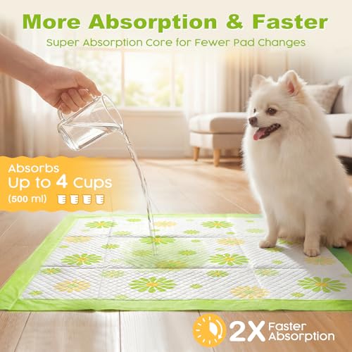 Image of MIZOK Puppy Pads 22 inchx22 inch, Dog Pee Pads 6-Layer Super Absorbent & Leak-Proof, Daisy Pattern, 4-Corner Adhesive Tabs, Wee Wee Pads for Puppies & Small Dog Breeds, Regular Size (30 Counts)