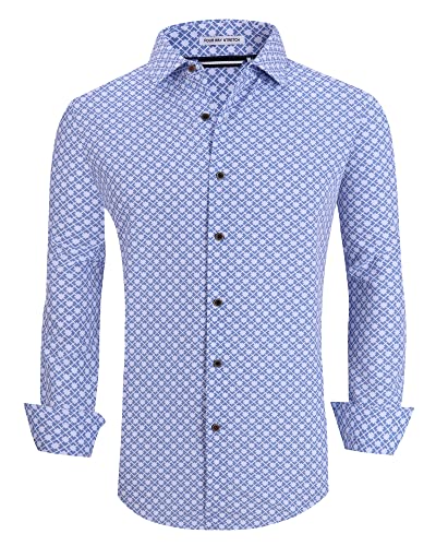Alex Vando Mens Button Down Shirts Wrinkle Free 4-Way Stretch Print Business Casual Shirt