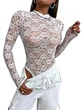 WDIRARA Women's Deep V Neck Sheer Lace Long Sleeve Scallop Trim Fitted Top Bodysuit White Lace Medium