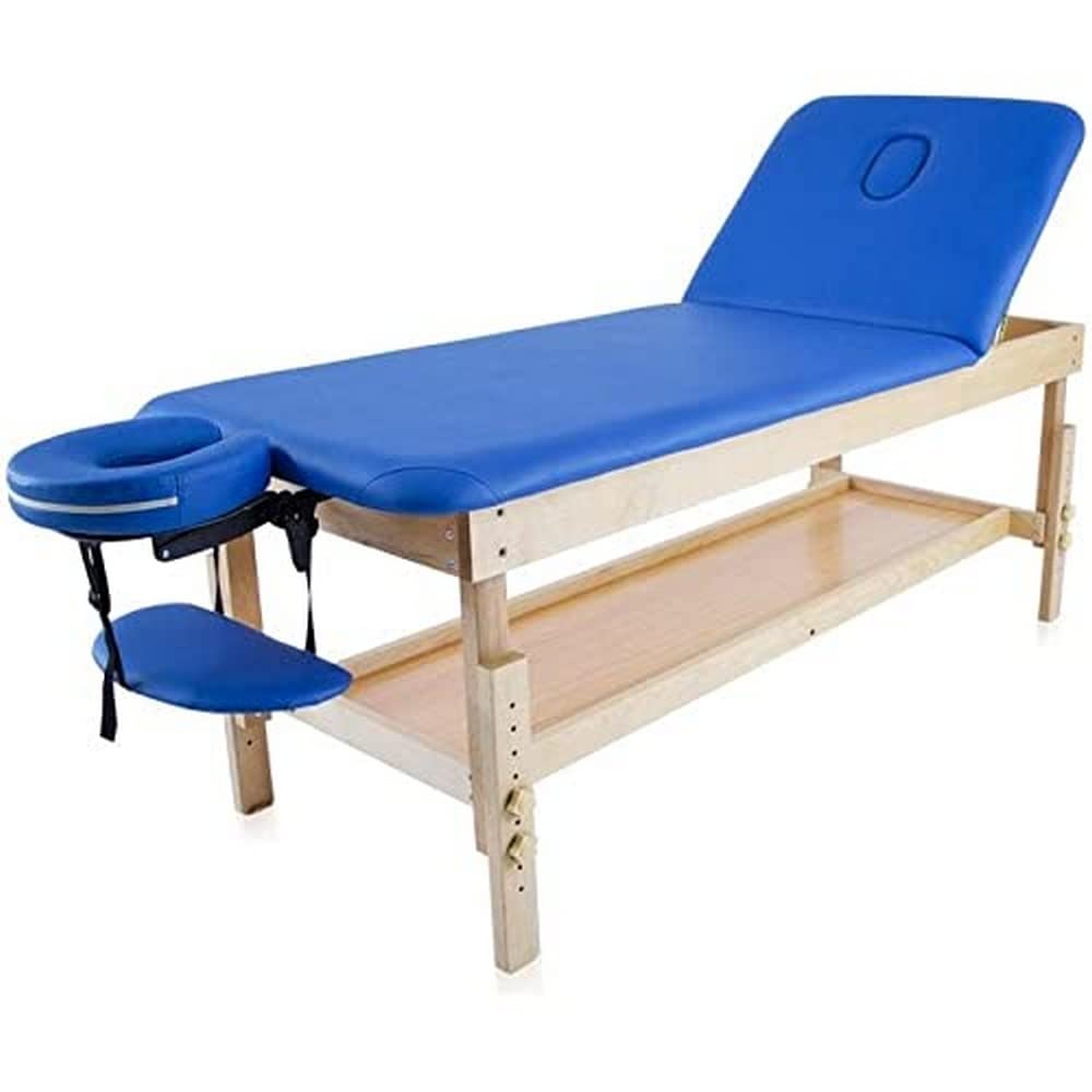 QUIRUMED Camilla Fija de Madera con Respaldo abatible y Bandeja, Color Azul, 186 x 70 cm, Madera, Polipiel, Altura Regulable, Bandeja apoyabrazos, Orificio Facial, hasta 180 kg