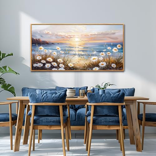 PHAOHUAXM Canvas Wall Art For Living Room Wall Decor For Bedroom Office Decorations Blue Ocean Landscape Painting Artwork Modern Beach Posters Aesthetic Ready To Hang Home Decor Wood Framed 20"x40"