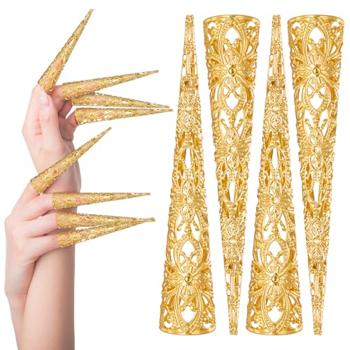 JSRQT Unhas decorativas de vampiro mulheres 10 peças anéis de garra para ponta de dedo para mulheres rainha antiga unhas de vampiro de Halloween unhas falsas metálicas para cosplay dança teatro