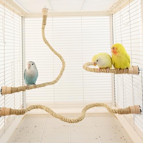 3 Pack Natural Sisal Rope Bird Perch Set, Bendable Parrot Climbing Rope Perch with Wooden Ends...
