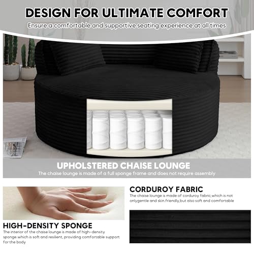 Image of Oversized Round Chair Lounge Chaise Indoor, 53.5 inch Upholstered Corduroy Deep Seat Single Cloud Sofa Chair, Fluffy Modern Large Circle Boneless Sleeper Sofa for Living Room, Bedroom, Black