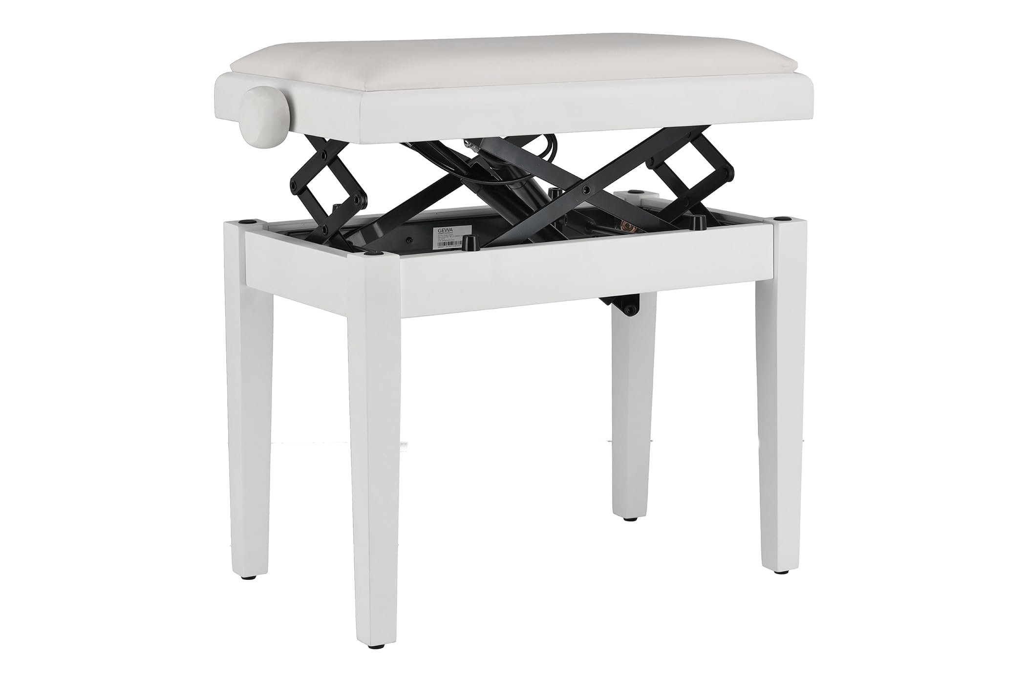 Gewa panca per pianoforte Deluxe Autolift con regolazione dell'altezza confortevole, legno massello, bianco opaco, rivestimento del sedile in vinile bianco