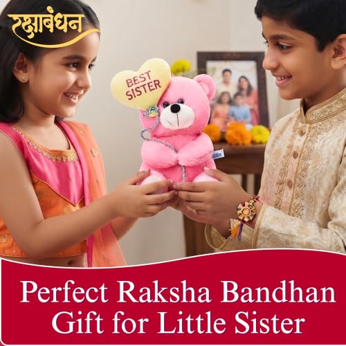 Image of Tickles Cute Teddy Bear Holding Best Sister Heart Balloon Soft Stuffed Plush Toy for Kids Boys & Girls Raksha Bandhan Birthday Gift (Size: 18 cm Color: Pink)