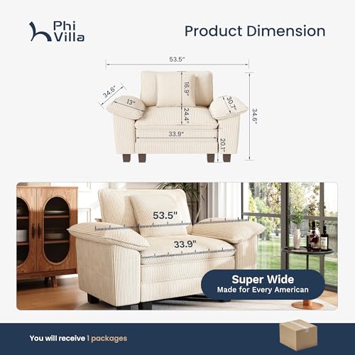 Image of PHI VILLA Oversized Single Sofa Chair with Deep Seat, Cloud Upholstered Reading Armchair, 1 Seater Comfy Sofa Chair for Bedroom Nook, Corduroy, Beige