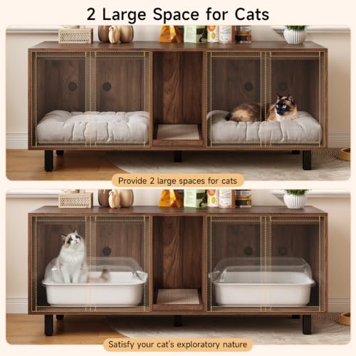 Image of ONBRILL 63 Inches Cat Litter Box Enclosure for 2 Cats, Hidden Litter Boxes Furniture with Cat Scratch Pad, Large Indoor Pet House with Double Room, Wooden TV Stand Side Table, Walnut