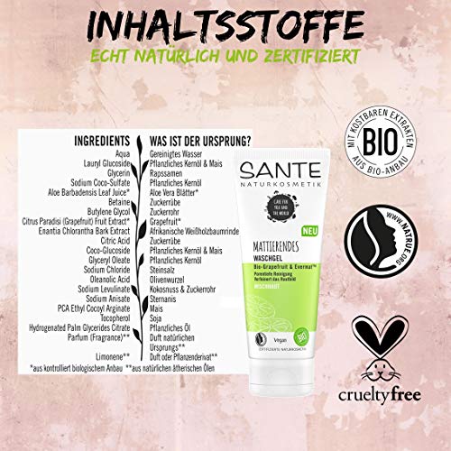 Sante Naturkosmetik Mattierendes Waschgel Bio-Grapefruit & Evermat, Verfeinert die Poren, Mattierende Gesichts-Reinigung… - Image 3