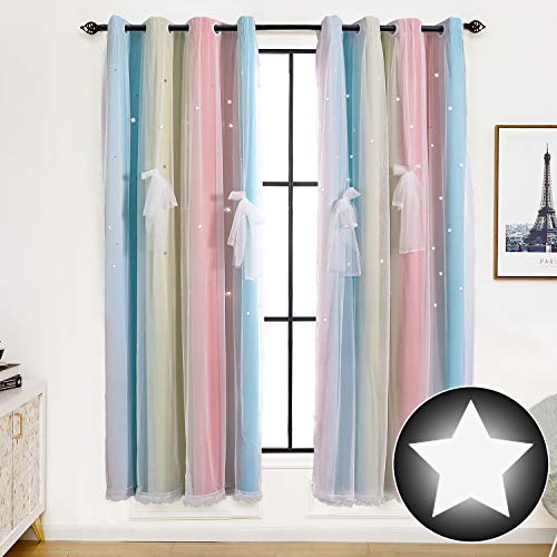 ARTBECK Hollow-Out Stars Curtains Gradient Stripes Solid Color Curtain Sheer Double Layer Window Blackout Drapes for Kid's Bedroom, Living Room (Stripe Rainbow-4, 1 Pc | 52W x 84L)