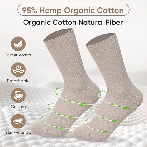 ] Unisex Natural Hemp Organic Cotton Socks, Comfy Breathable Casual Socks for Men & Women, 3 Pairs Crew Socks3