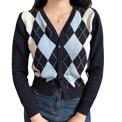 Xuanxi Casaco de malha de manga comprida para mulher, camisola vintage com losangos com botões, casaco de inverno, casaco quente, roupa de esqui, roupa de inverno, casaco de moda para mulher, casaco