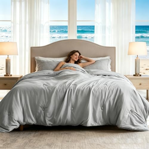 Image of Cooling Comforter King Size - Lightweight Cooling Blanket for Hot Sleepers, Breathable Summer Comforter for Night Sweats, Soft Ice Cooling Fabric Bedding All Season Use, Grey