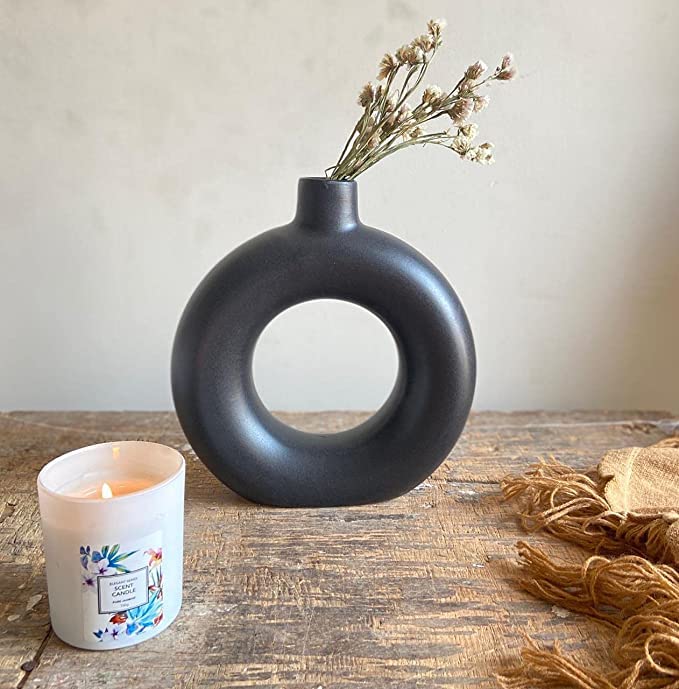 Buy Ceramic Donut Flower vases Black Colour Home Ceramic Donut Vase