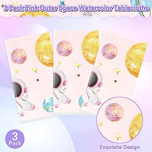 Image of Pink Watercolor Table Cover - 3 Pack 54 X 108 Inch Pink Watercolor Outer Space Disposable Plastic Rectangle Print Table Cloth Baby Shower Kids Birthday Party Tablecloths Decoration Supplies
