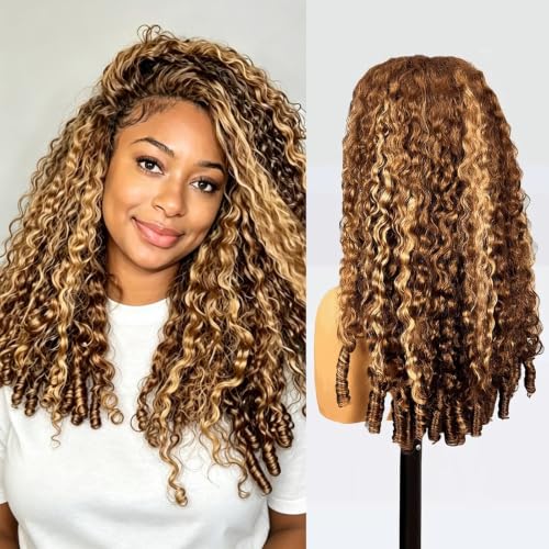 Image of XSY Half Wig Human Hair Burmese Curly for Black Women, Highlight Ombre P2 /30# Wear Go 3 In 1 Drawstring Wig, 150% Density, Beginner Friendly, with Spiral Curl Ends 24 Inch