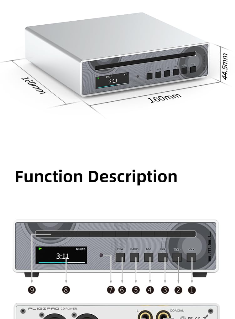 LEAUDIO SMSL PL100 Pro Odtwarzacz CD Wielofunkcyjny, używający chipów CS43131*2 DAC, obsługujący odtwarzanie bezstratne MQA, 4,4mm zrównoważone XLR z pilotem do zdalnego sterowania (Czarny)