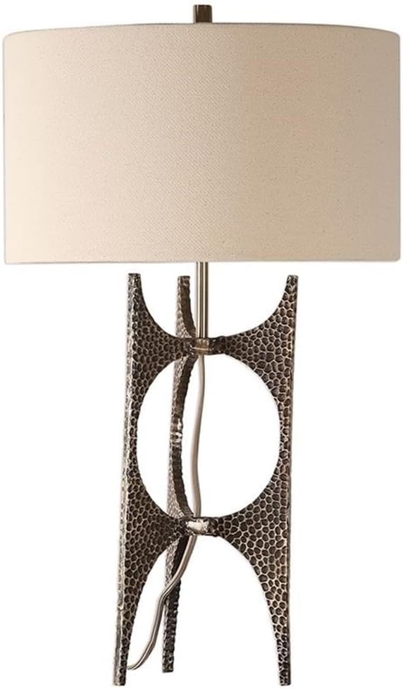 BOWERY HILL Contemporary Table Lamp, 26.75" H, Cast Iron and Steel, Antique Bronze Finish, White Drum Shade, 100W Socket, Fabric Cord, Designer Lighting for Living Room or Office