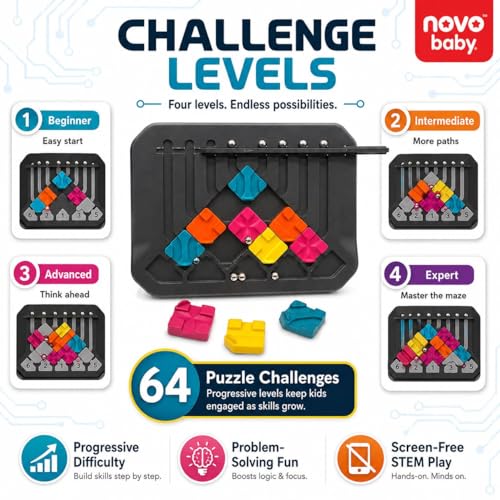 Image of Novo Baby Marble Logic Puzzle Game for Kids 8+ Years | STEM Brain Teaser Circuit Challenge with 64 Challenge Cards & 24 Pieces | IQ Thinking Game, Educational Toy, Single Player Board Game