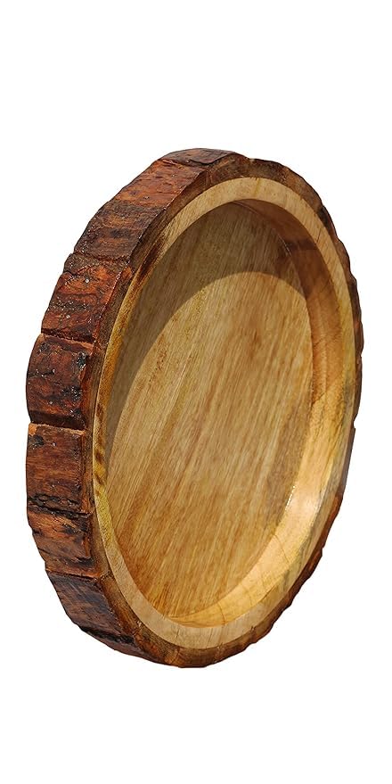 ANYBAR Natural Round Mango Wood Serving Tray, Bakkal Tray Set of 1 Circle Tray for Coffee Table, Food, Ottoman, Restaurant Home Party Supplies, (10'' inch)