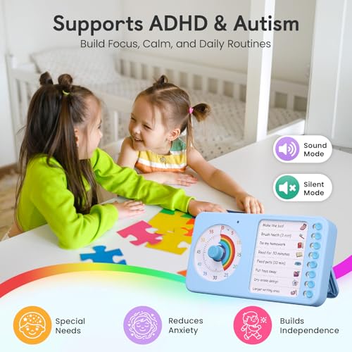 Image of 2-in-1 Visual Timer with Task Board for ADHD & Autism, Dry Erase Chore Chart and Visual Schedule for Kids & Adults, Rainbow Countdown Timer for Classroom, Home, Homeschooll (Blue)