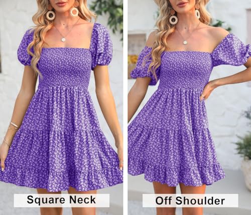 Image of Veatzaer Women's Puff Sleeve Square Neck Smocked Babydoll Dress Boho Floral Print Off Shoulder Ruffle Mini Short Dress