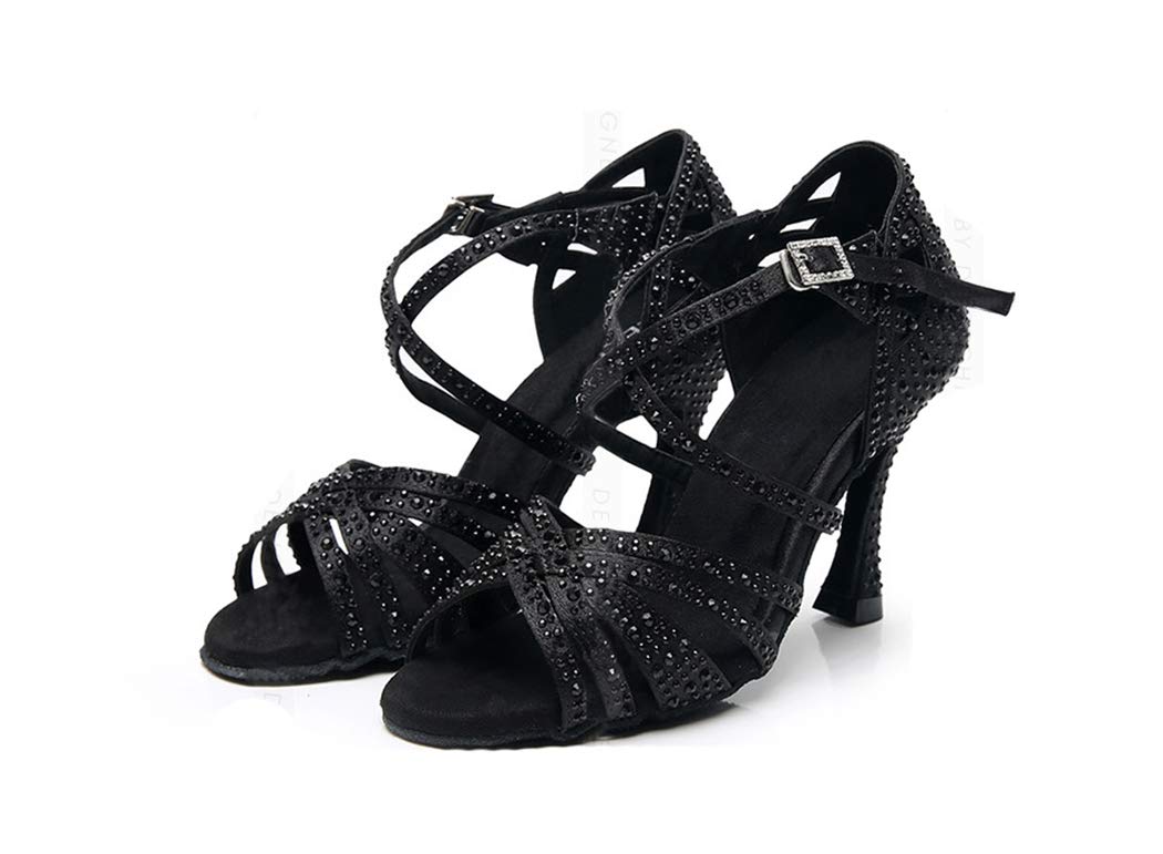 MGM-Joymod Sandalias de baile moderno latino con correa cruzada para mujer, con diamantes de imitación de tango social, bailes, Tacón marrón de 9 cm. — view 4