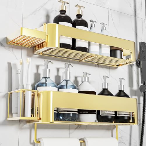 necvha 4 Pack Shower Caddy, Shower Shelf No Drilling, 15.15in Large Capacity Bathroom Organiser Storage, Rustproof Bathroom Accessory (Gold)