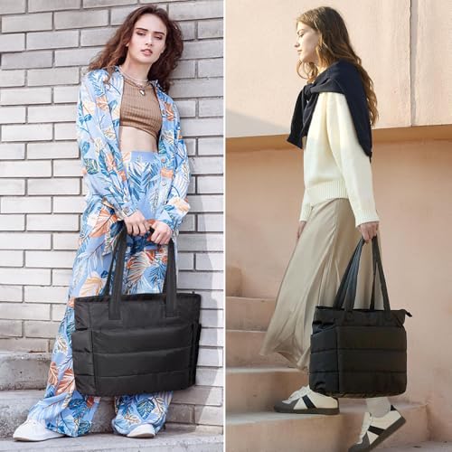 TYXHXTF Damen Handtasche Tote Bag Daunentasche, Puffy Tote Bag Sporttasche Tragbarer Laptop Umhängetasche, Einkaufstasche mit Schultergurt für Arbeit Reise Shopping Schule, Schwarz