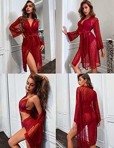 RSLOVE Women Sexy Lingerie Set 3 Piece Lace Kimono Robe with Bra and Panty Sheer Sleepwear Wine Red M