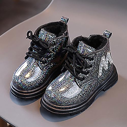Toddler Winter Boots Little Girls Sparkling Fleece Lined Outdoor Shoes Lace Up Zipper Pearl Glitter Ankle Boot Shoes2