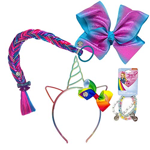 Jojo Siwa Girls Accessory Set, Bow Headband 3 Pack Bracelet and Matching Hair Braid Tie - Purple Blue Rainbow