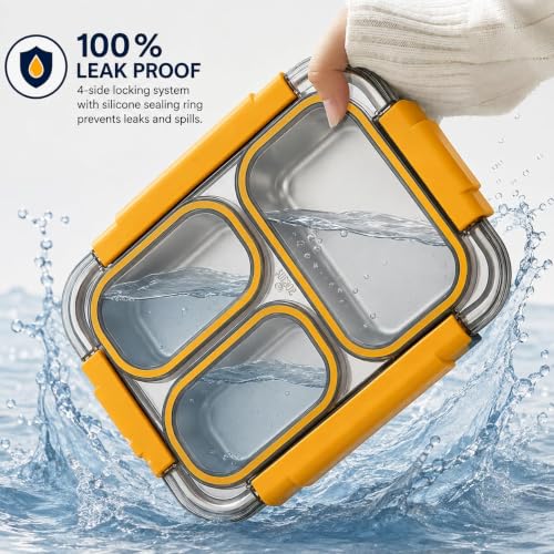 Image of Sanghariyat Bento Pro Lunch Box 710ml, 3 Compartment Stainless Steel Lunch Box with 100% Leak-Proof Silicone Seal, BPA-Free Food-Grade Lunch Container with Spoon & Pair of Chopsticks School Kids Blue
