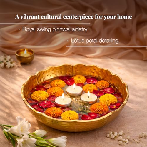 Image of Royal Swing Pichwai Art Urli Bowl | Gold Hammered Lotus Design Metal Centerpiece | Decorative Floating Candle & Flower Bowl for Diwali, Home Decor & Pooja