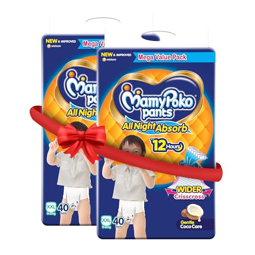 Image of Mamypoko pants All night absorb| Pant Style Baby Diapers XX- Large Size(XXL), 80 Count, Ideal for 15-25Kgs|1 Diaper= Upto All night Absorption|Wider Crisscross Sheet|Gentle Coco Care| 12hr Leakage Protection| Prevents Heaviness.