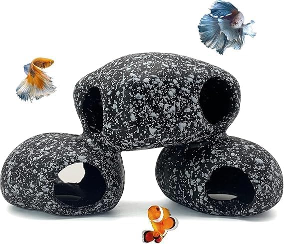 Mistletoe Cichlid Rock Cave Betta Hideout Resin Aquarium Decoration Caves Small Fish Shelter Stone Hideaway Resin Fish Tank Accessories Ornaments for Crayfish Aquatic Breed Rest Play (Black)-image-4