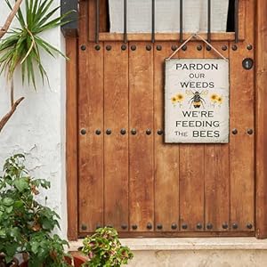 FUGWN Pardon Our Weeds Were Feeding the Bees Hanging Wooden Signs 8×10 Garden Signs Bee Decor Garden Decor for Outside Gardening Decor Gifts for Gardeners Bee Themed Gifts