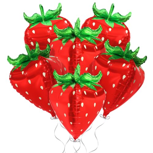 Image of Deermoon 4D Jumbo Red Tropical Strawberry Balloon, Spring Summer Berry Sweet Fruit Cartoon Strawberry Balloons For Baby Shower Wedding Gender Reveal Birthday Party Decor Supplies