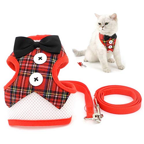 ZUNEA ペット 猫 犬用 ハーネス リードセット 小型犬 胸あて式 抜けない ベスト ハーネス おしゃれ 可愛い 蝶結び チェック柄 胴輪 牽引ローかわいい 通気性 首輪 調節可能 簡単着脱 子犬 散歩用 レッド M