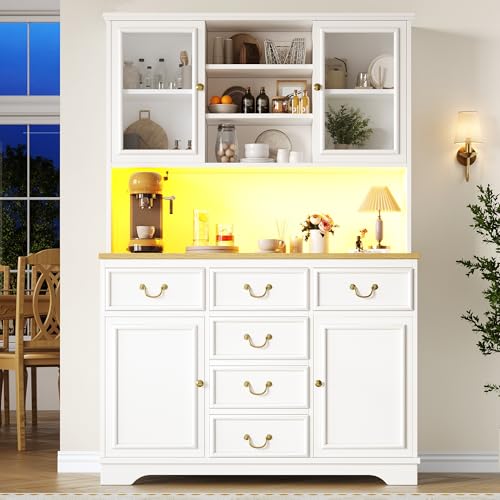 Yihomfy Grand Meuble de Cuisine 118 x 39,5 x 180 cm avec Prise USB et Électricité – Buffet avec Bande LED, Armoire de Rangement avec Porte à Snacks,...