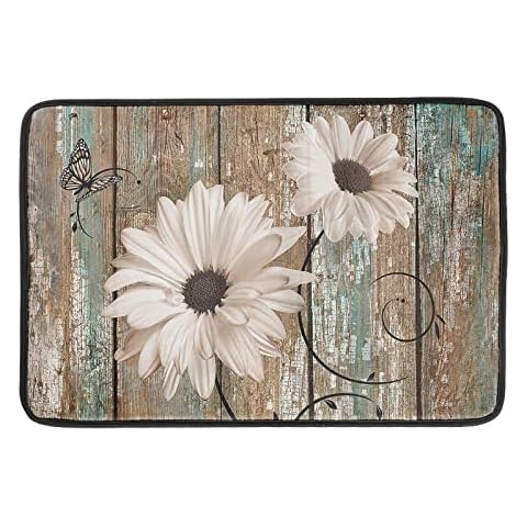 Rustic Daisy Board Dish Drying Mat for Kitchen Countertop 18x24 inch Fall Sunflower on Wooden Plank Dish Drainer Mats Fast Drying Country Shabby Chic Flower Dish Pad Vintage Kitchen Drying Decor Large Cover