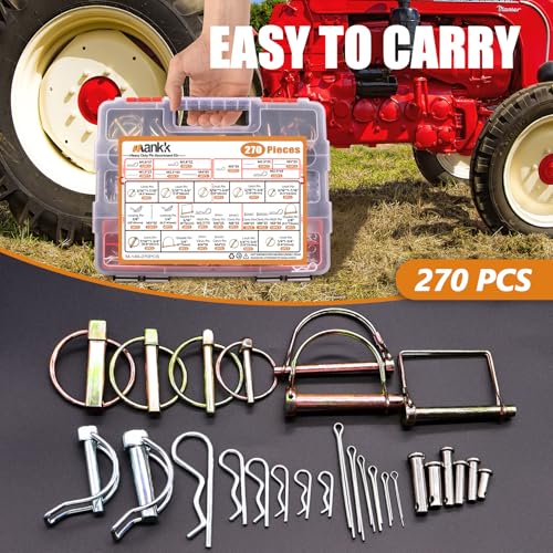 Image of mankk 270PCS Heavy Duty Hitch Pins Clip Pins 3 Point Assortment Kit Tractor Pins Linch Pins PTO Pins R Clip Pins Hair Pins,for Farm Tractors Trailers Trucks Attachments Lawn Mowers