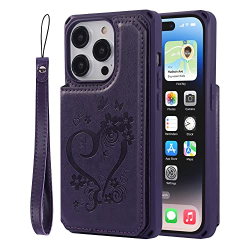 Image of Cavor for iPhone 14 Pro Case with Card Holder,for iPhone 14 Pro Wallet Case for Women Men,Phone Case for iPhone 14 pro with Stand Credit Card Holder, Leather Strap Shockproof Cover- Dark Purple