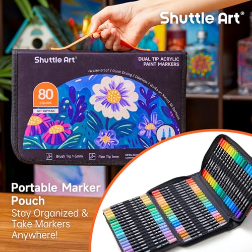 Image of Shuttle Art 80 Colors Dual Tip Acrylic Paint Markers, Brush Tip and Fine Tip Acrylic Paint Pens for Rock, Ceramic, Wood, Canvas, Plastic, Glass, Stone, Calligraphy, Card Making, DIY Football Crafts