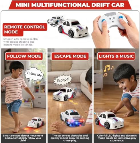 Image of 2.4GHz RC Drift Car with LED Lights & Auto Demo - Rechargeable Remote Control Racing Toy | Follow Me Escape Mode High-Speed Stunt Sports Car for Kids 6+ Years (Black)
