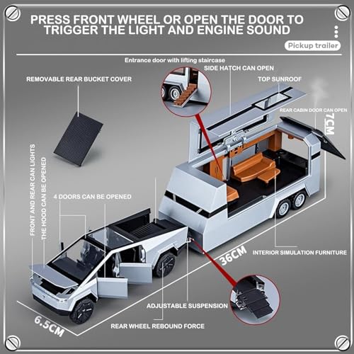 Image of MANAKI ENTERPRISE1:32 Scale Die-Cast CyberrTruck with Pick-Up Trailer with 6 Openable Doors Pull Back Action,Lights & Music Best Vehicle Gift for Kids【Pack of 1】【Random Color】