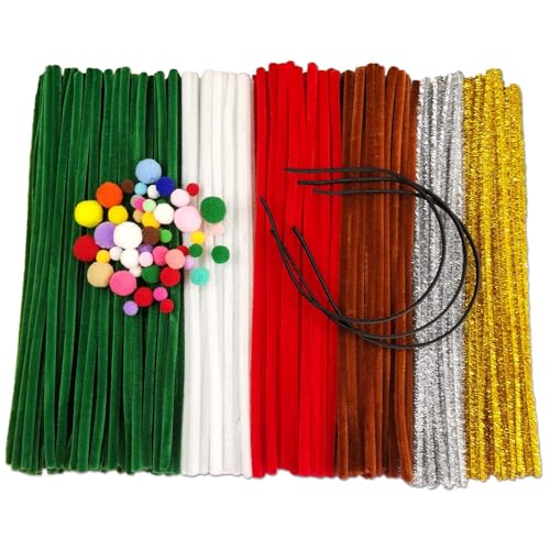 FANGZIDM 353 Stück DIY Bastelset Enthält 300 Pfeifenreiniger Mehrfarbig 30cm, 50 Bastelpompons 1-2cm, 3 Haarreif Geeignet Dekorationen für Festivals und Partys wie Weihnachten
